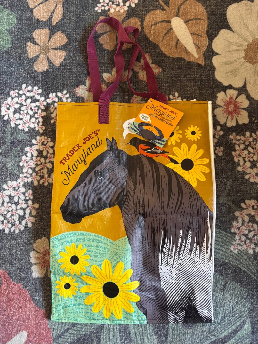 NWT Trader Joes Maryland Horse Reusable Tote Bag - Yellow & Purple